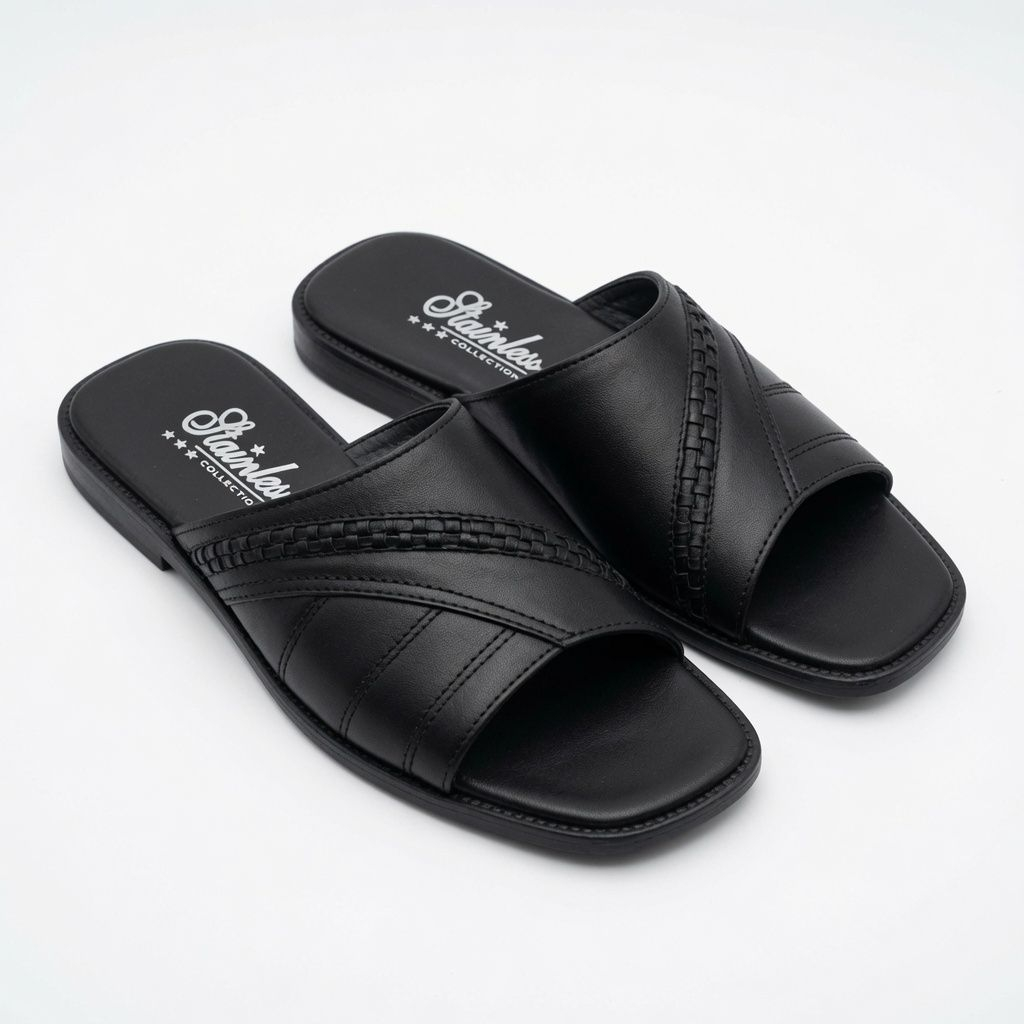 Mens Premium Black Cross Strap Slide Open Toe Sandals